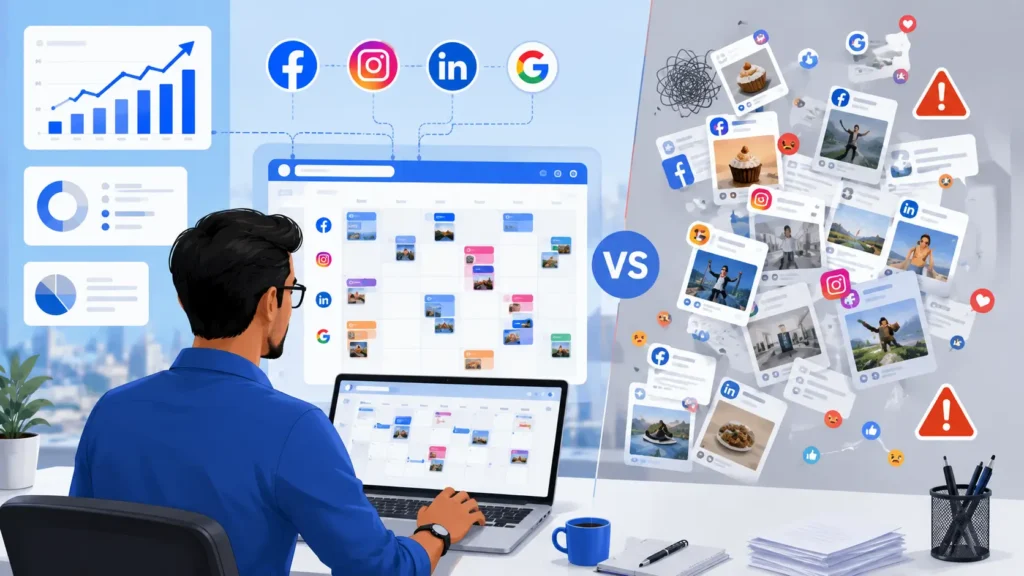 Professional digital marketer using a content calendar to schedule Facebook, Instagram, LinkedIn, and Google Business Profile posts with analytics showing business growth through consistent social media marketing.