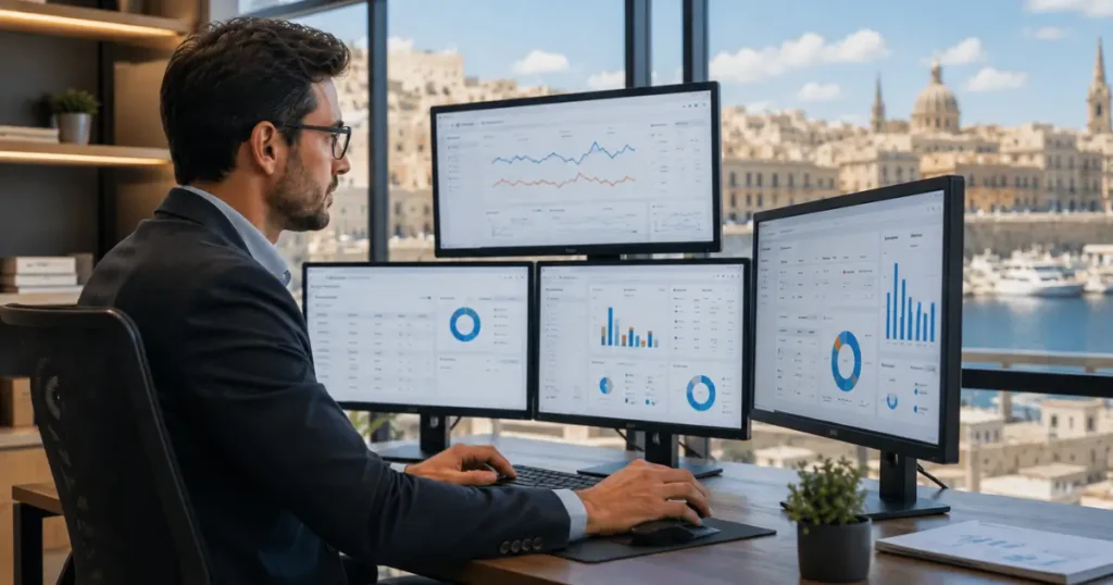 Digital marketing specialist managing online advertising campaigns using multiple monitors displaying campaign analytics, conversion reports, and performance dashboards.