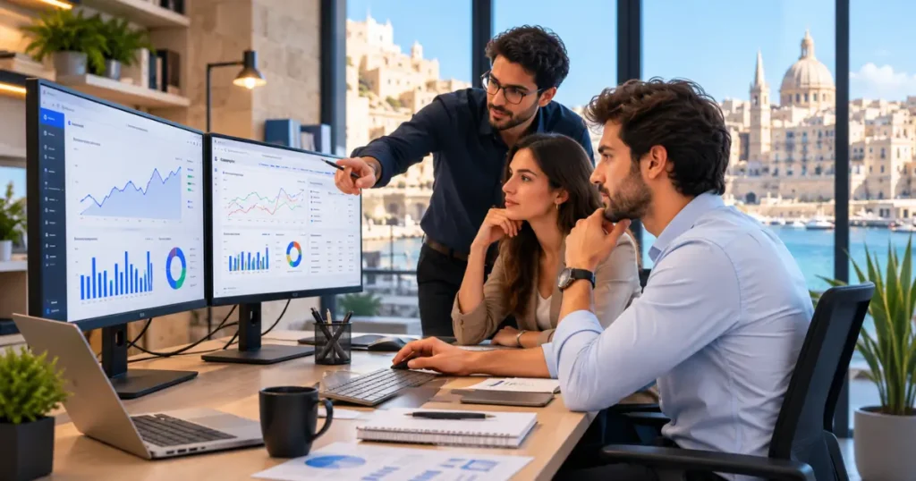 Professional digital marketing team in a modern Malta office analyzing SEO growth reports and Google Ads PPC campaign analytics on desktop monitors.