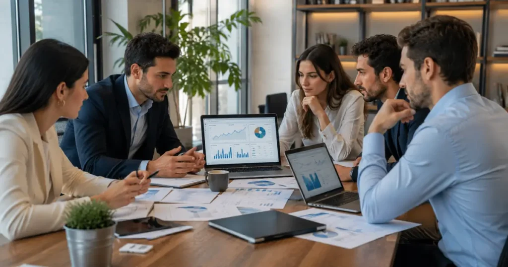 Digital marketing team collaborating around a conference table reviewing SEO analytics, keyword research, conversion reports, and PPC campaign performance.