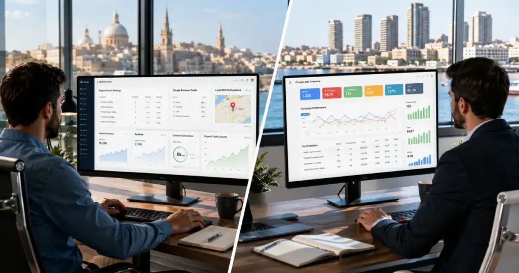 Ultra-realistic split-screen comparison of SEO and PPC marketing strategies for Malta businesses, showing Google organic search rankings, Local SEO, Google Business Profile, Google Ads campaigns, PPC analytics, and Valletta with Gżira waterfront in the background.
