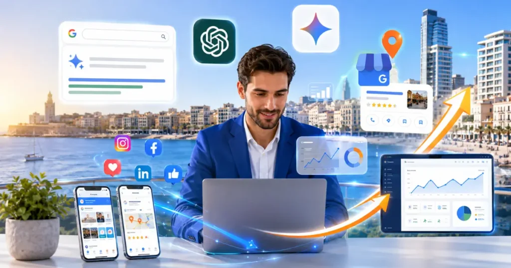 Modern Malta business owner using AI-powered digital marketing tools including Google AI Overviews, ChatGPT, Gemini, Google Business Profile, SEO analytics, and website growth dashboard with the Gżira Malta skyline in the background.