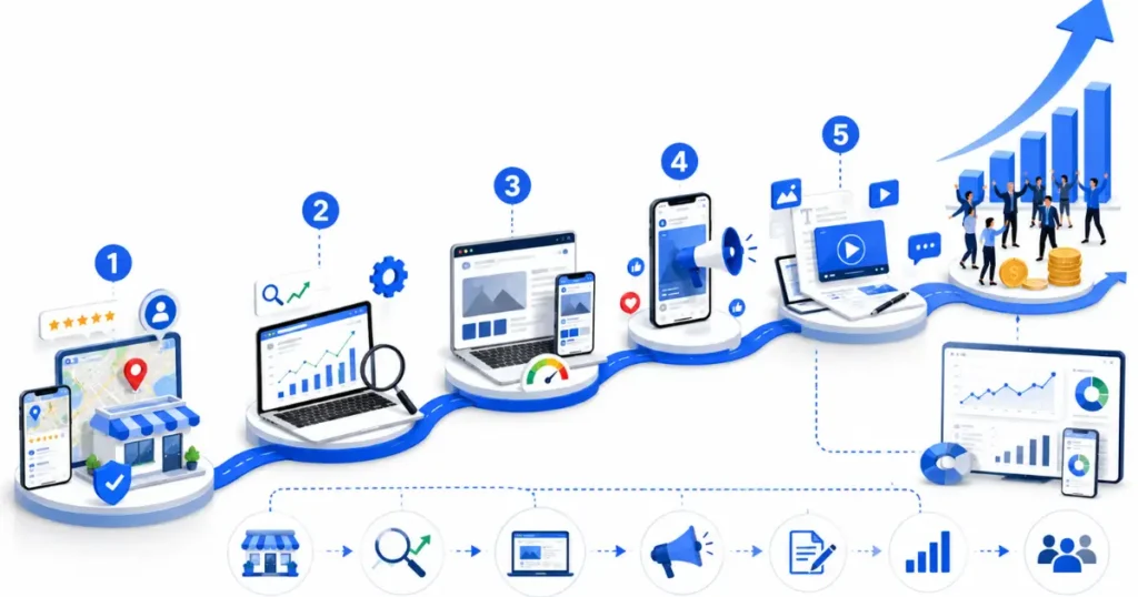 Infographic illustration showing a digital marketing roadmap with Google Business Profile optimization, SEO, website optimization, Meta Ads, content marketing, analytics tracking, and business growth.