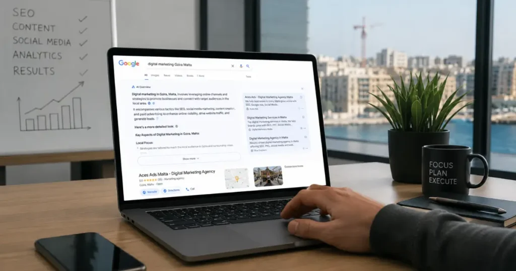 Realistic workspace showing Google AI Overviews, ChatGPT, Gemini, SEO analytics, Google Business Profile, and AI-powered search results helping a Malta business improve digital marketing and local SEO.