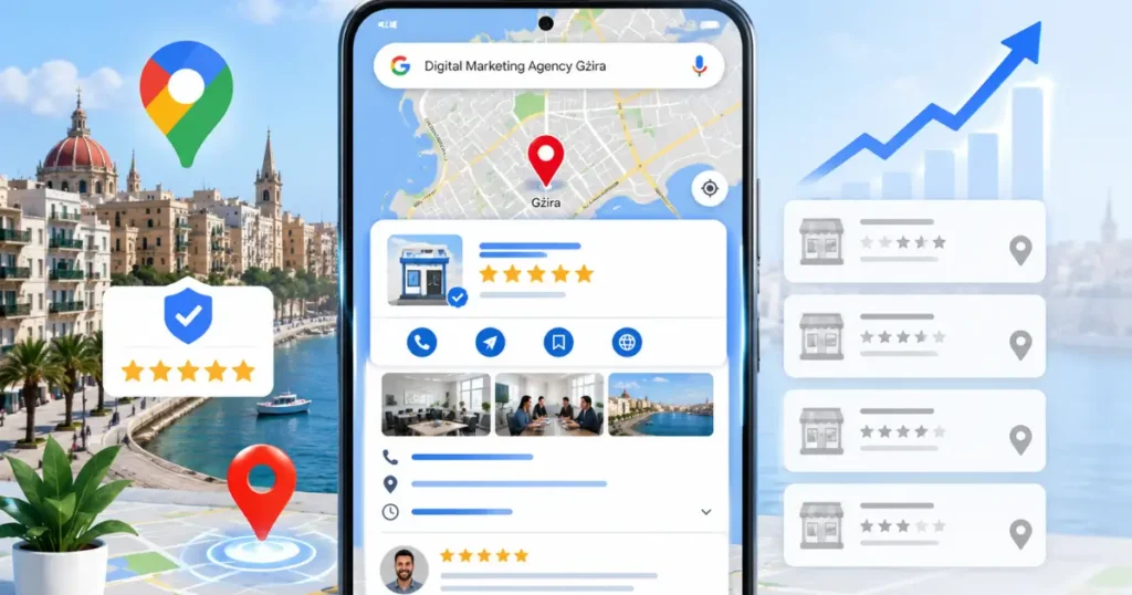 Professional illustration showing an optimized Google Business Profile in Gżira, Malta with five-star reviews, business photos, map location, smartphones, SEO ranking growth, and local search visibility.