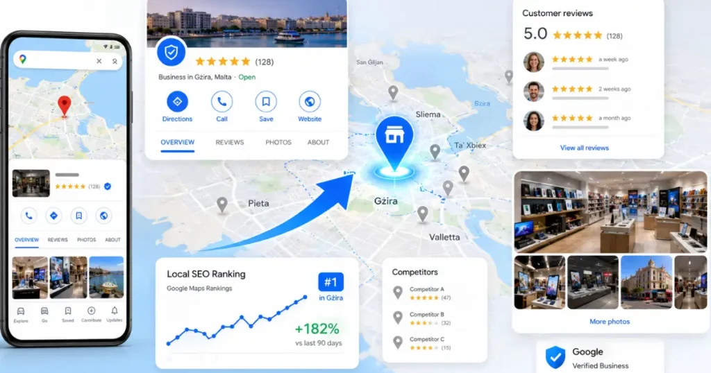 Realistic Google Maps interface showing a verified Google Business Profile in Gżira Malta with customer reviews, five-star ratings, navigation, local SEO improvements, and higher Google Maps rankings.
