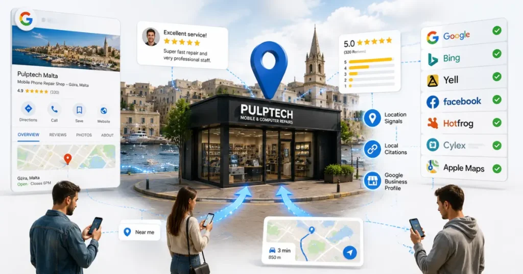 Realistic illustration showing how Local SEO helps a mobile phone repair business in Gżira, Malta attract nearby customers through Google Maps, Google Business Profile, customer reviews, local citations, and location signals.