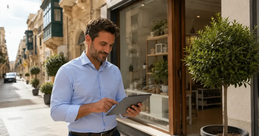 Confident local business owner standing outside a modern storefront in Malta while reviewing website analytics on a tablet.