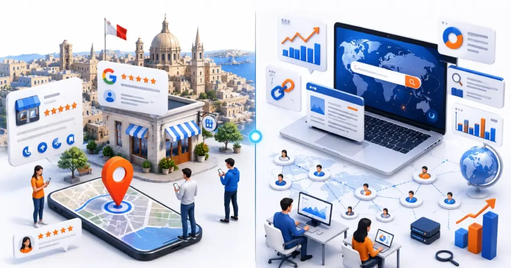 Isometric illustration comparing Local SEO and Traditional SEO with a Gżira, Malta business, Google Maps, Google Business Profile, customer reviews, and global website SEO elements.