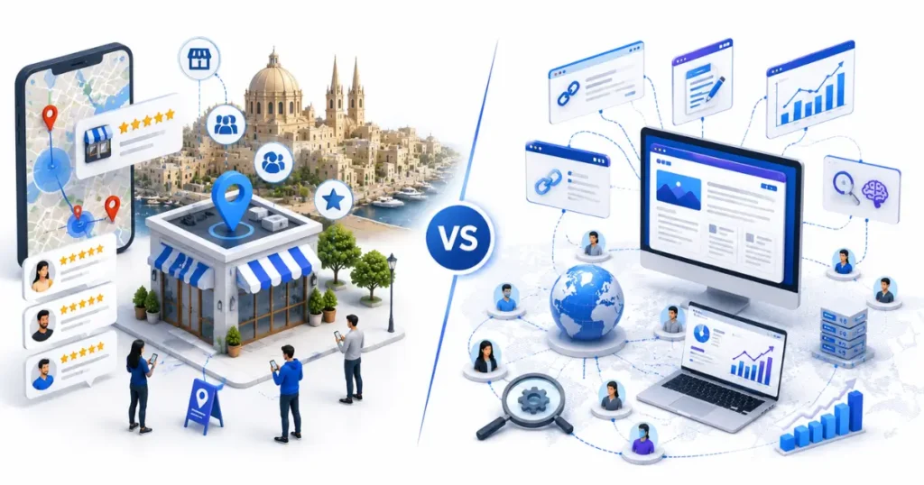 Side-by-side illustration comparing Local SEO with Google Maps, customer reviews, and a local business in Gżira against Traditional SEO with websites, backlinks, content marketing, analytics, AI search, and global audience.
