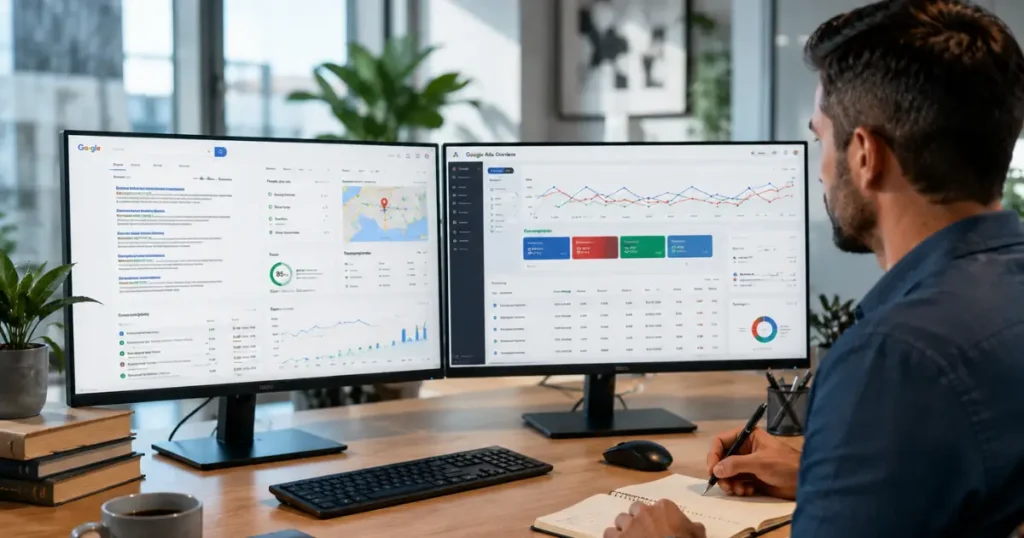 Marketing professional comparing SEO and PPC strategies on dual desktop monitors displaying Google organic search results, Local SEO analytics, Google Business Profile, Google Ads campaigns, PPC dashboard, and conversion tracking in a modern office workspace.