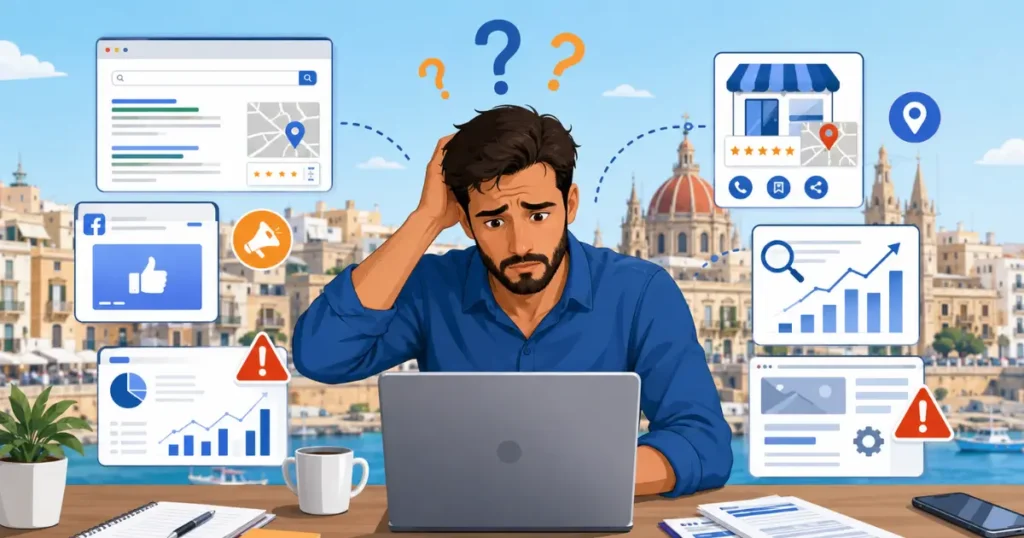 Small business owner in Malta looking confused while surrounded by SEO, Google Business Profile, Facebook Ads, website analytics, and digital marketing icons, illustrating common online marketing mistakes.