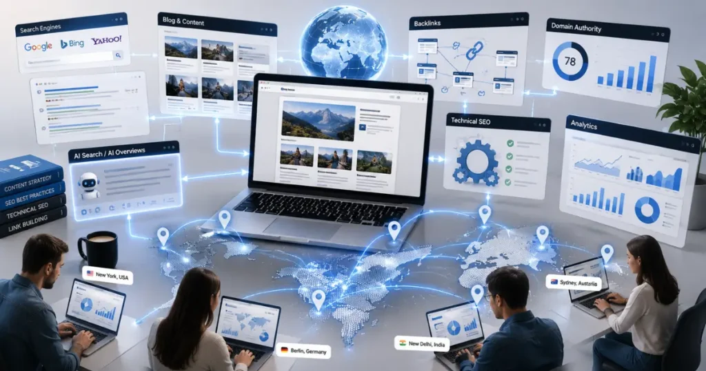 Realistic illustration showing a Traditional SEO strategy with website optimization, search engines, blog content, backlinks, technical SEO, analytics dashboards, AI search, and a global online audience.
