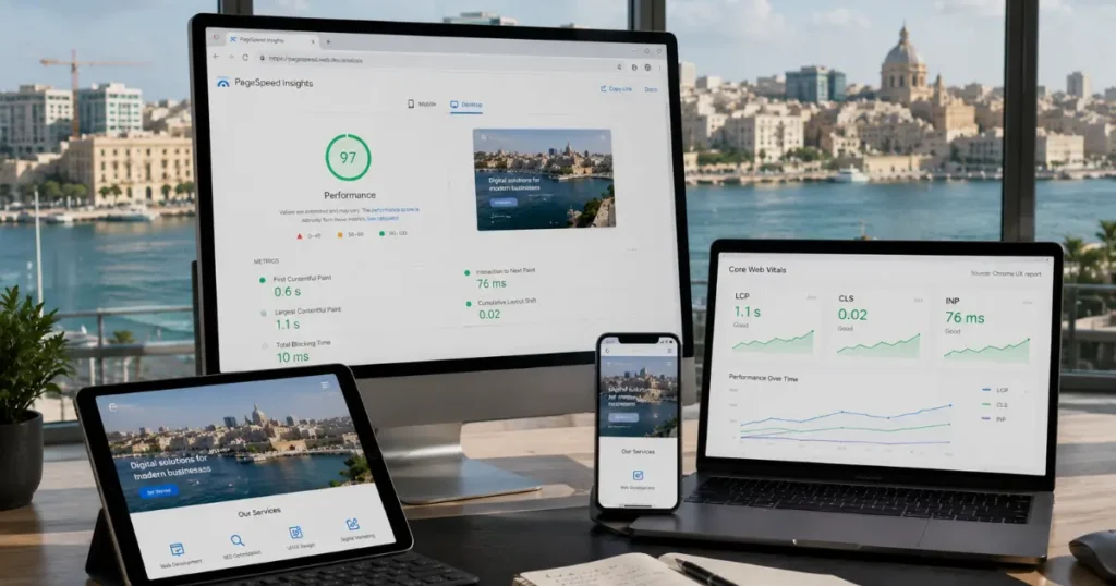 Realistic modern workspace showing a responsive website on desktop, laptop, tablet, and smartphone with Google PageSpeed Insights, Core Web Vitals metrics, and website performance optimization in Malta.