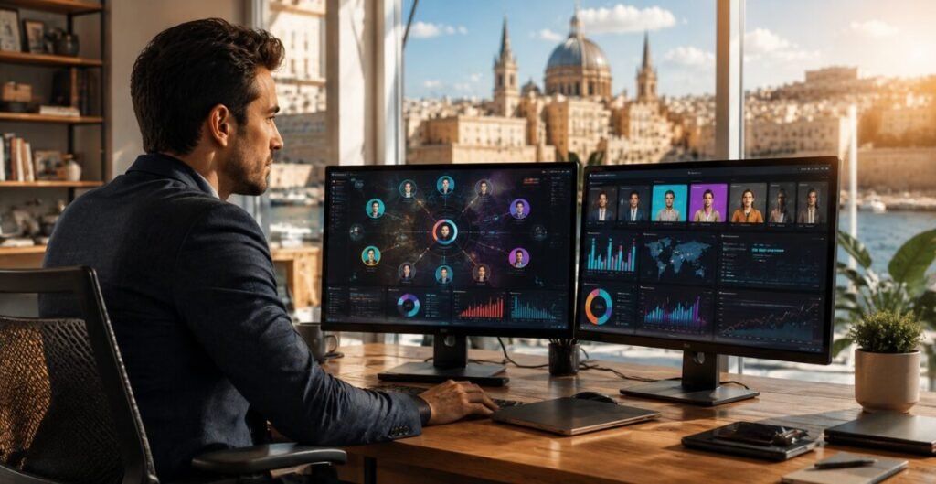 Business owner in a modern Malta office reviewing AI-powered customer segmentation dashboards with personalized marketing analytics on dual monitors overlooking Valletta.