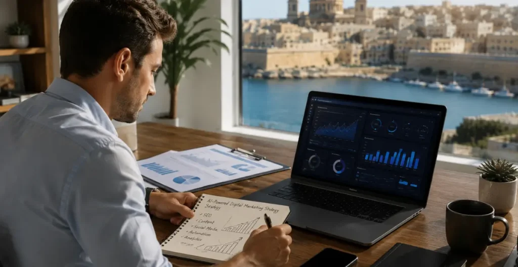 Small business owner in Malta planning an AI-powered digital marketing strategy with SEO analytics, marketing automation dashboard, and business growth reports in a modern office overlooking Valletta.