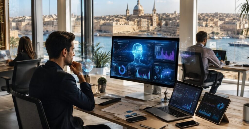 Business owner in a modern Malta digital marketing agency office analyzing AI-powered SEO dashboards, Google search rankings, customer insights, and digital advertising metrics overlooking Valletta Harbour.