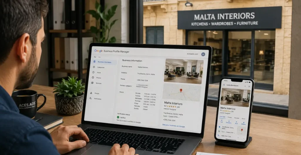 Google Business Profile setup and verification for a Maltese business showing business information and Google Maps listing