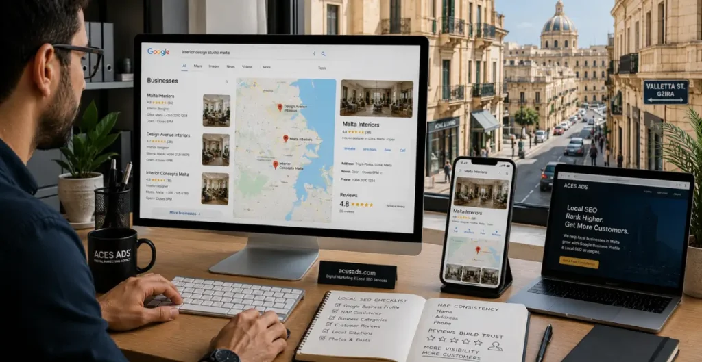 Google Business Profile and Local SEO Malta showing Google Maps visibility, local search results and customer reviews