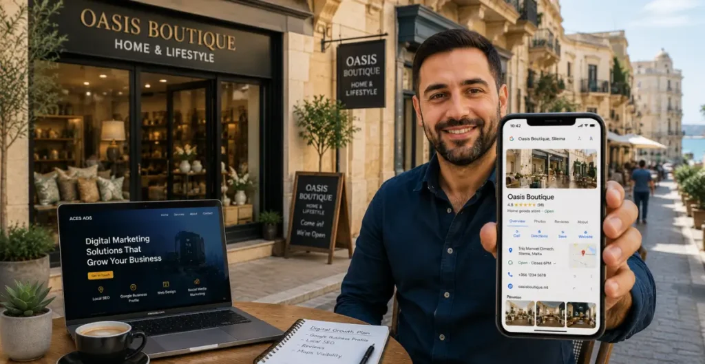 Google Business Profile Malta digital storefront showing a local business on Google Maps with customer reviews