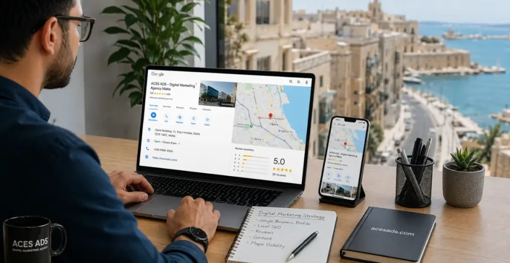 Google Business Profile Malta and local SEO digital marketing workspace with Google Maps and customer reviews