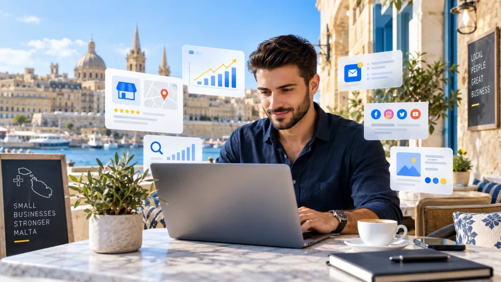 Top Digital Marketing Tools Maltese small business owner using digital marketing tools for SEO, analytics, email marketing, social media, and Google Business Profile