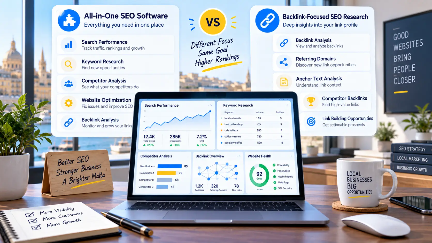 Comparison of all-in-one SEO software and backlink-focused SEO tools for keyword research, competitor analysis, and website optimization