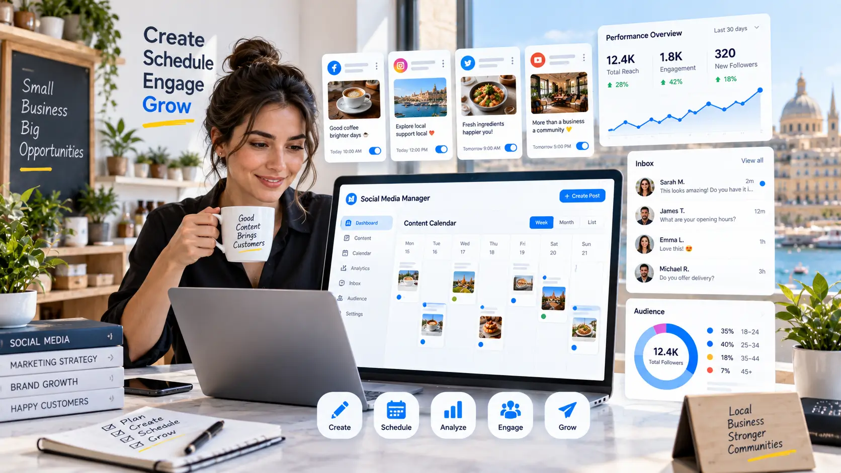 Small business owner managing social media posts, scheduling, audience engagement, and analytics from one dashboard