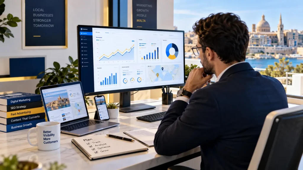 Malta business owner reviewing digital marketing analytics dashboard with SEO, website traffic, conversions and advertising performance charts