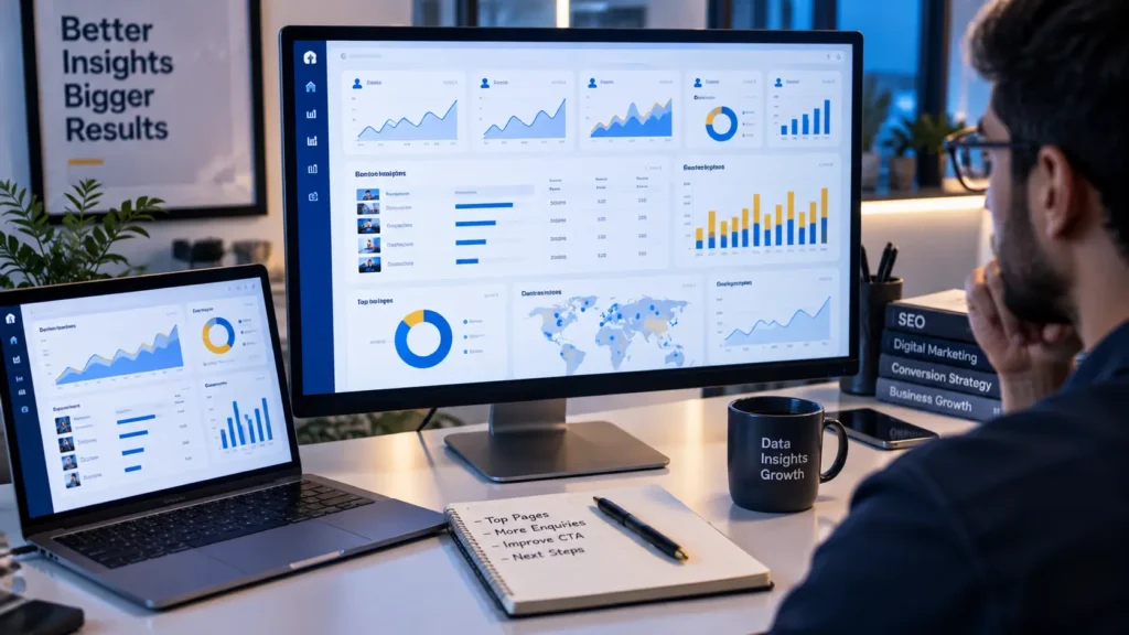 Website analytics dashboard showing traffic sources, user engagement, landing page performance and website conversions on a modern desktop monitor and laptop.
