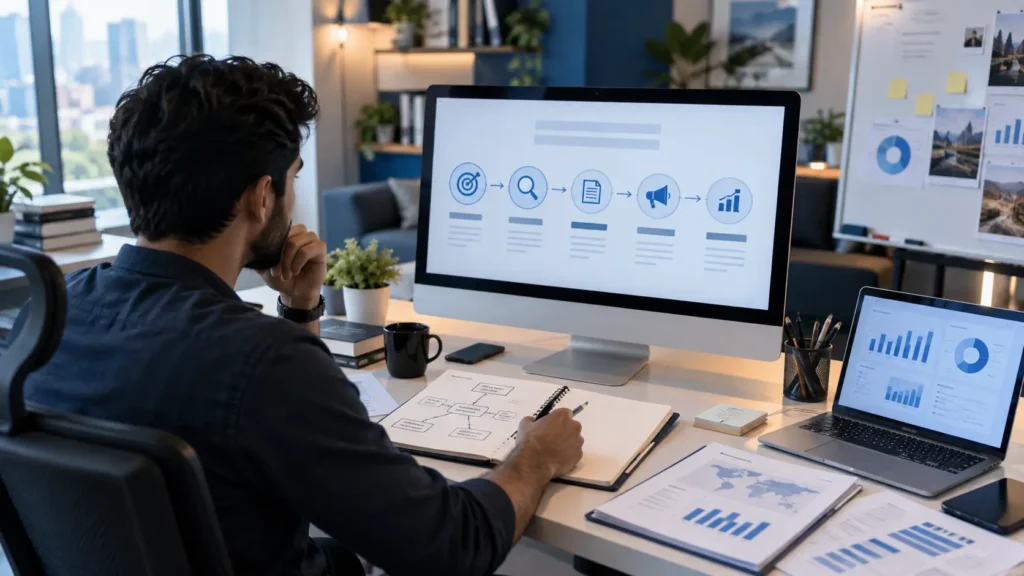 Content marketing strategy planning workspace with analytics and keyword research