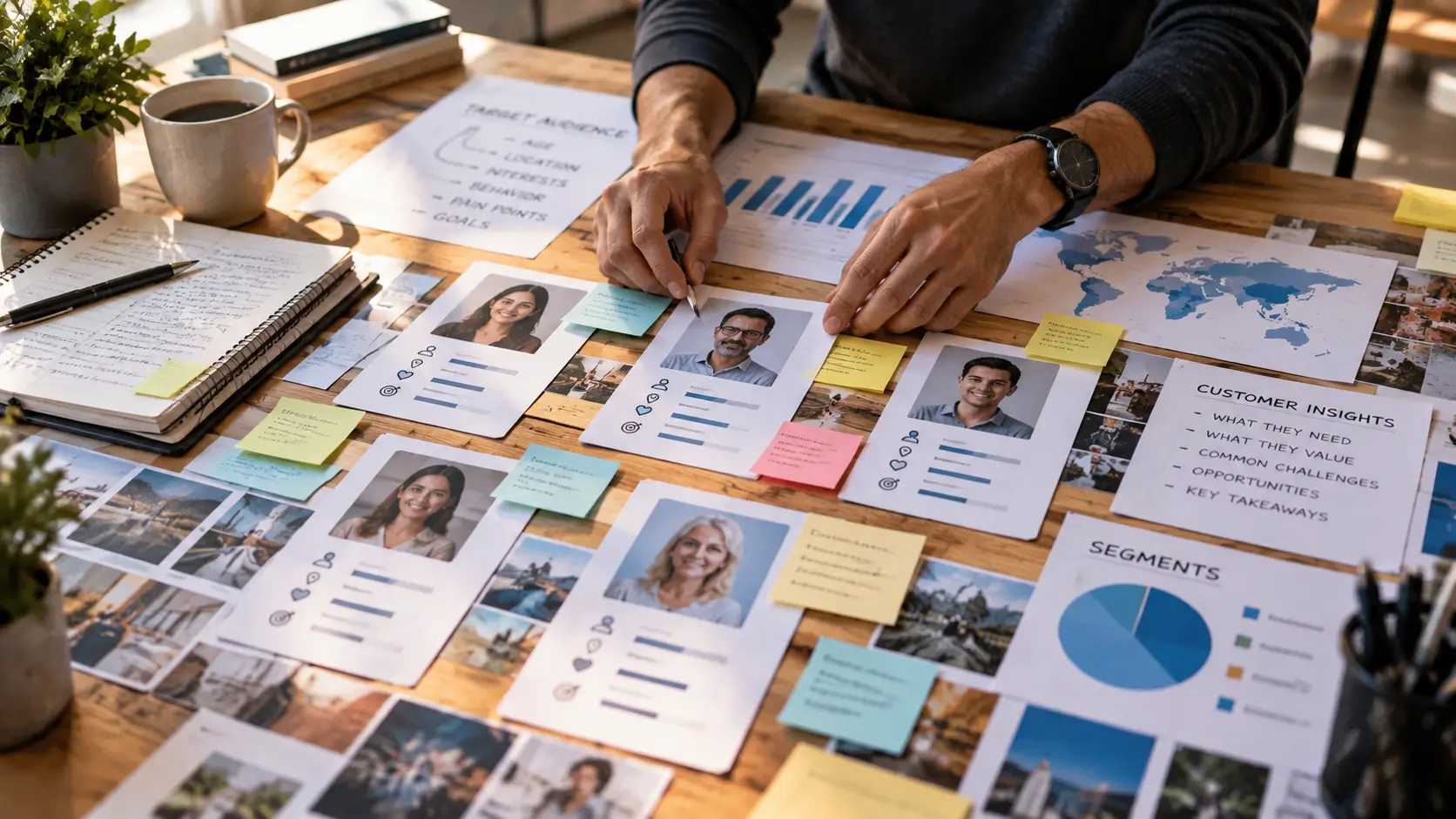 Customer persona research workspace with audience profiles and demographic analysis