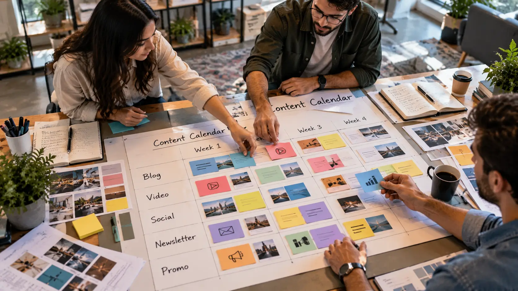 Marketing team planning a monthly content calendar with cards and publishing schedules
