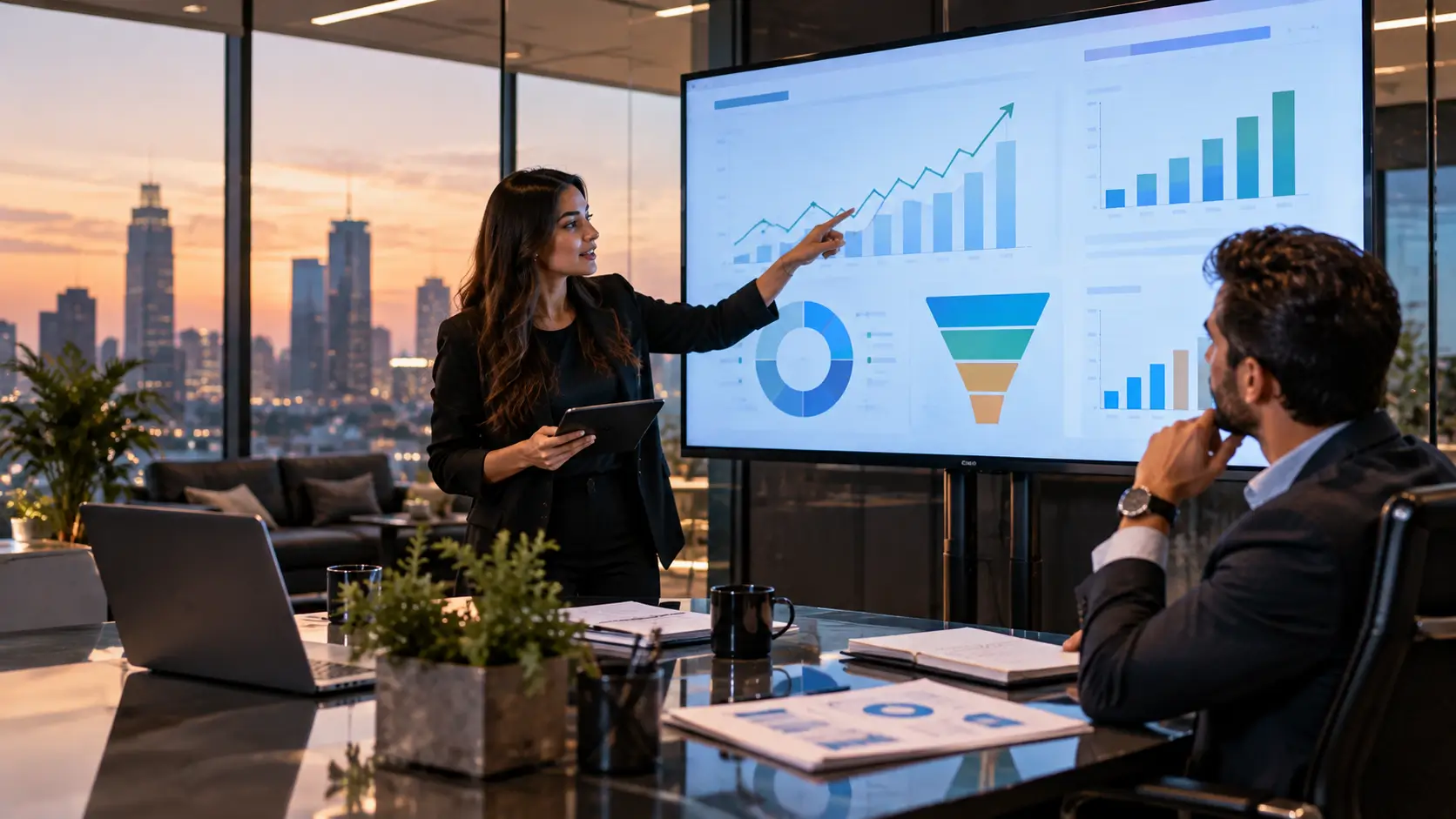 Business meeting reviewing content marketing campaign results and growth analytics