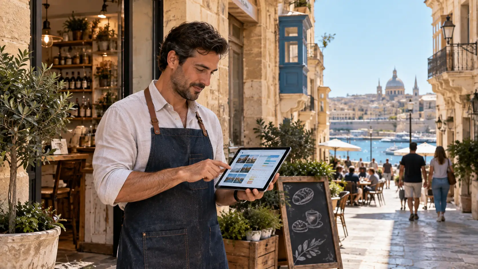 Maltese small business owner planning a digital content campaign outside a local storefront